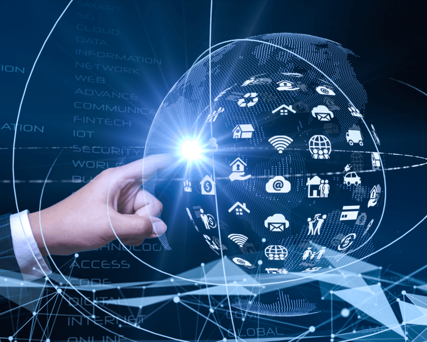 Person interacting with a digital globe displaying various icons related to technology, connectivity, and global communication